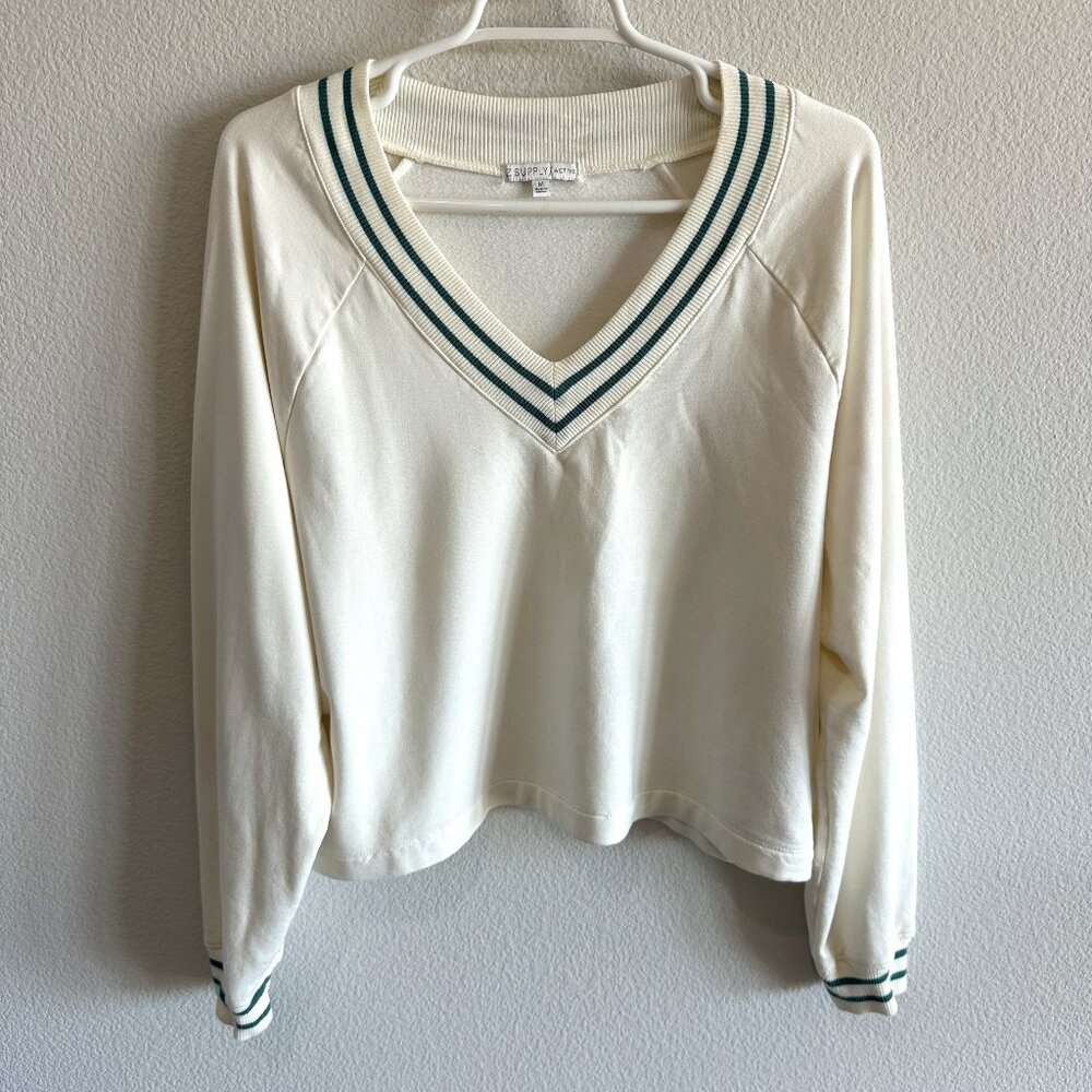 Z Supply Cream V-Neck Sweatshirt with Green Stripe Trim